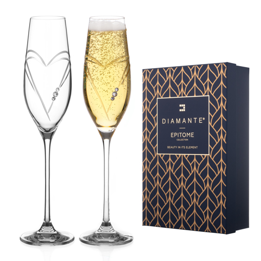Diamante Champagne Flutes with Heart Shaped Cutting Gift Set